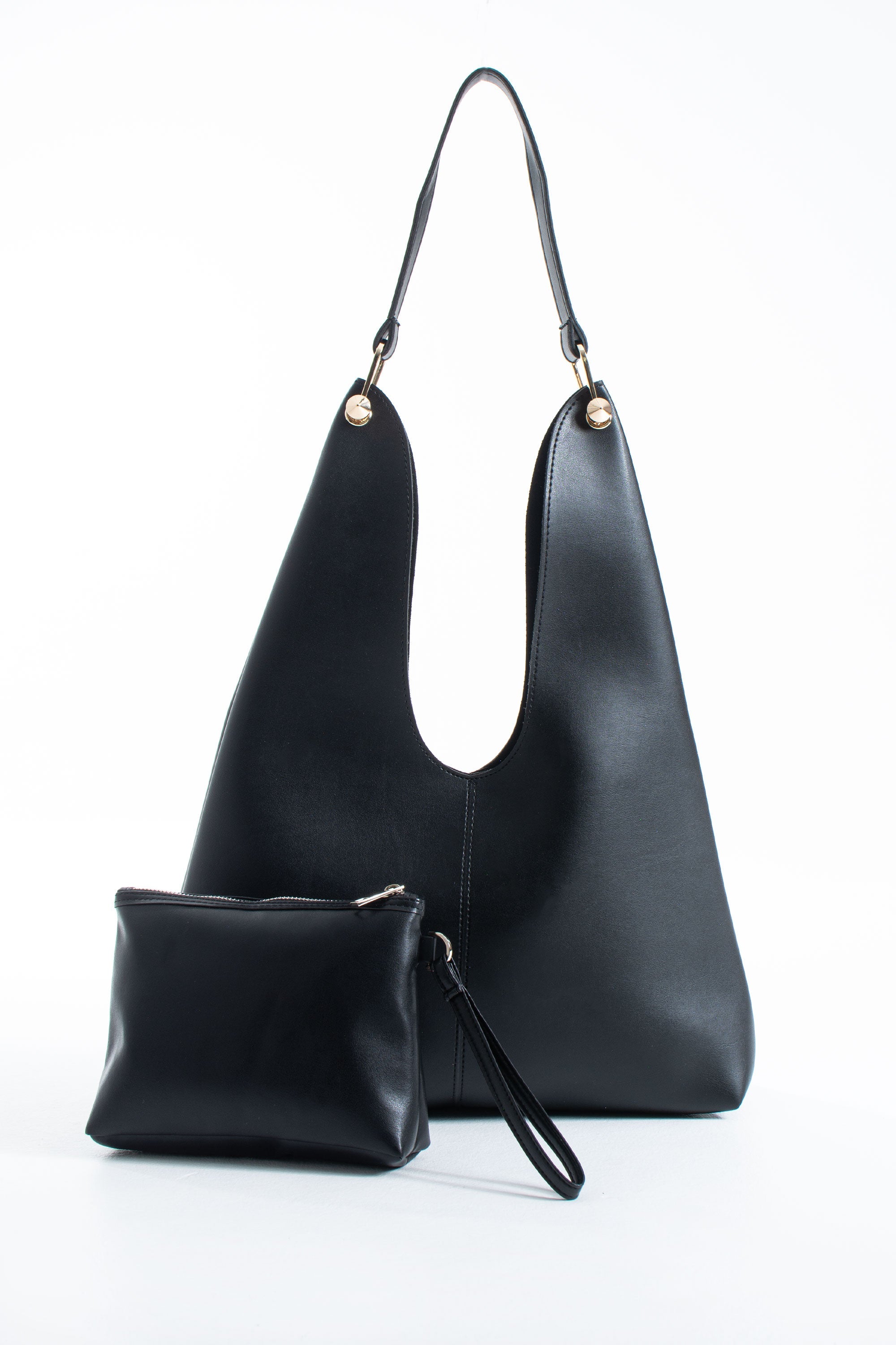 Hobo Shoulder Bag for Women with Matching Zip Pouch, 2PCS - Black