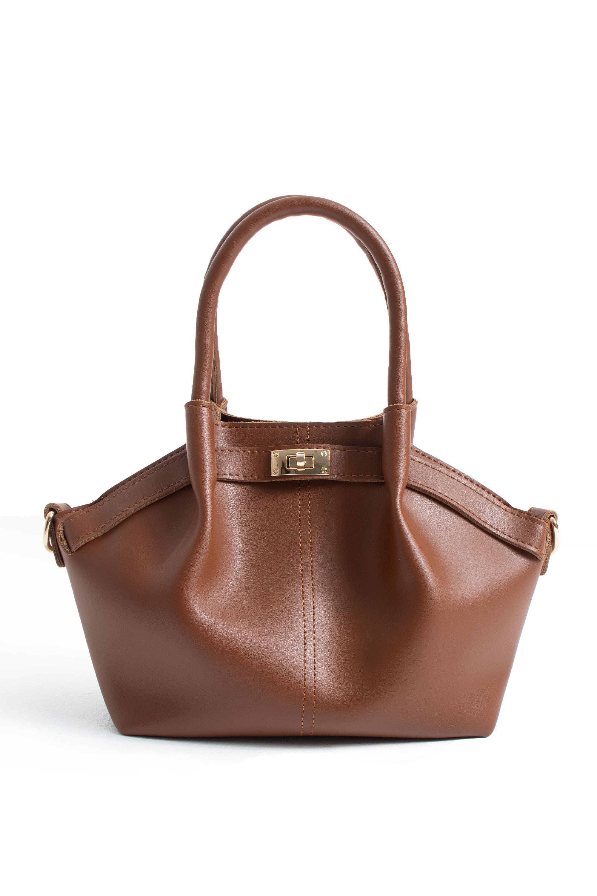 Pu Leather Top Handle Crossbody Bag with Twist Lock Detail - Tan
