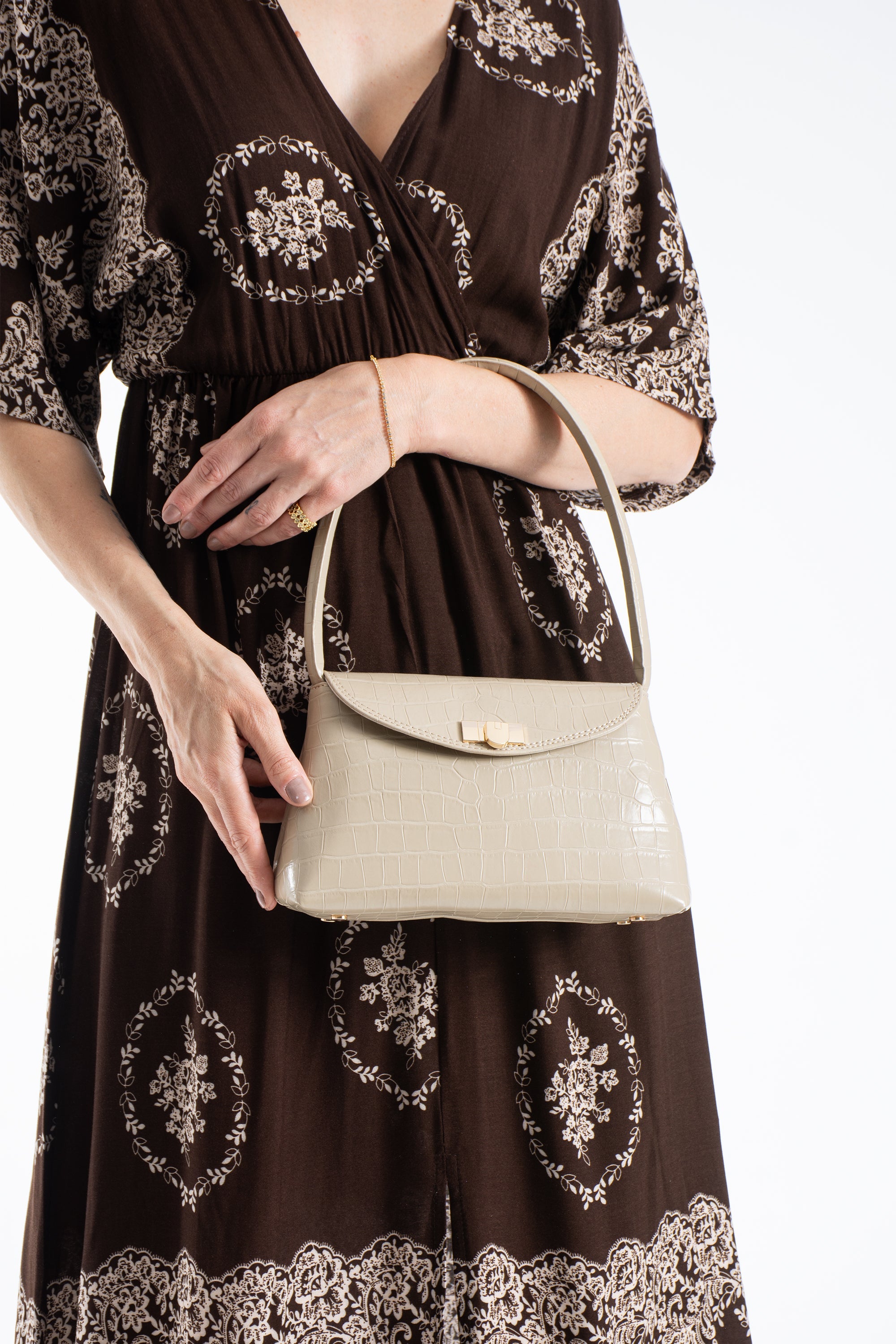 Croc Pu Flap Shoulder Bag - Beige