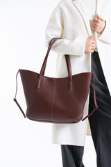 Pu Leather Large Tote Bag with Matching Zipper Pouch  2PCS Set - Burgundy