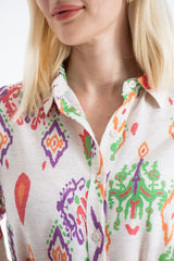 Women’s Linen Blend Ornamental Print Midi Shirt Dress - Cream