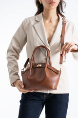 Pu Leather Top Handle Crossbody Bag with Twist Lock Detail - Tan