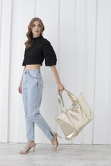 Metallic Finish Pu Leather Weekend Bag - Gold
