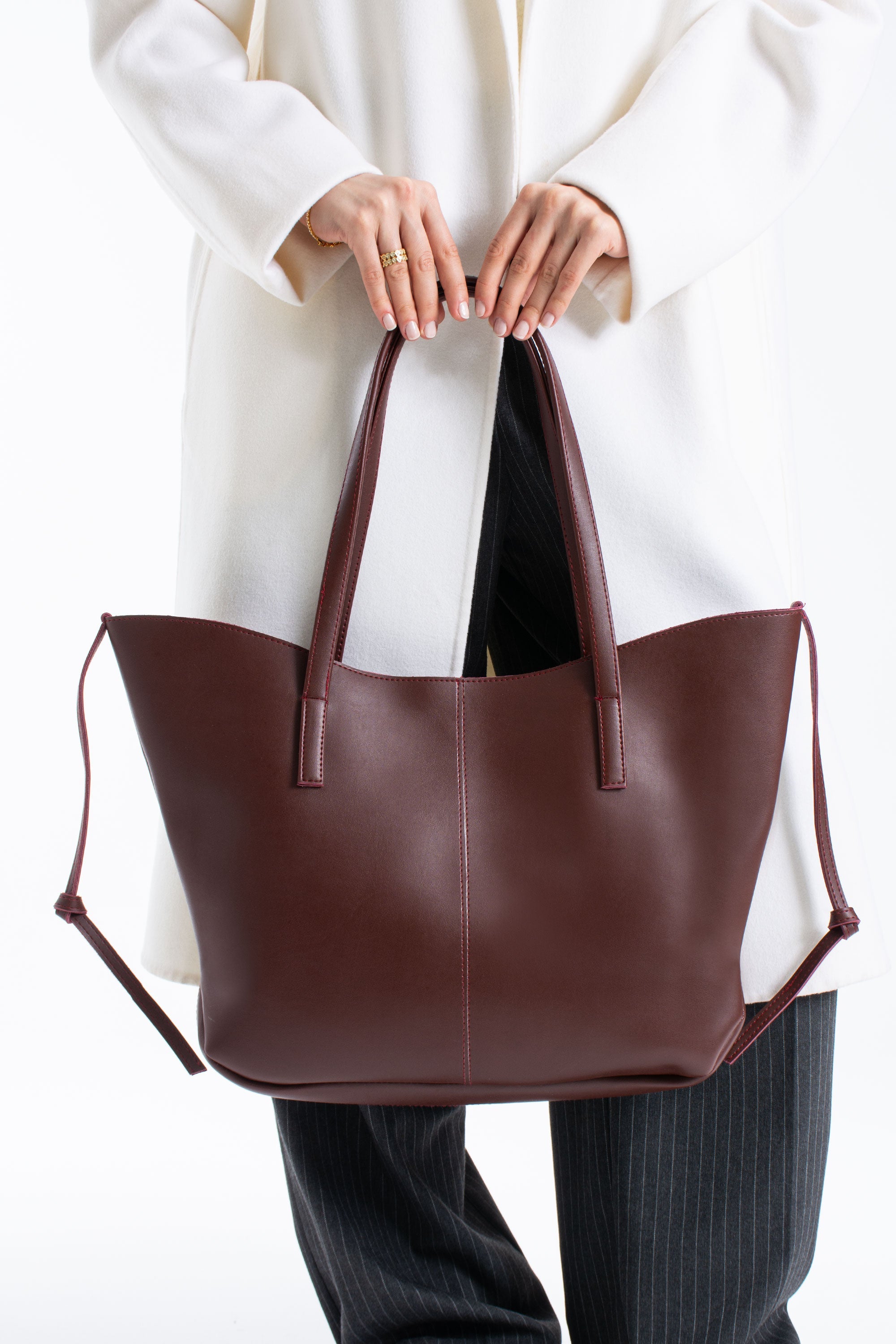 Pu Leather Large Tote Bag with Matching Zipper Pouch  2PCS Set - Burgundy