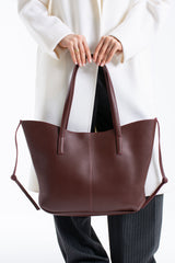 Pu Leather Large Tote Bag with Matching Zipper Pouch  2PCS Set - Burgundy