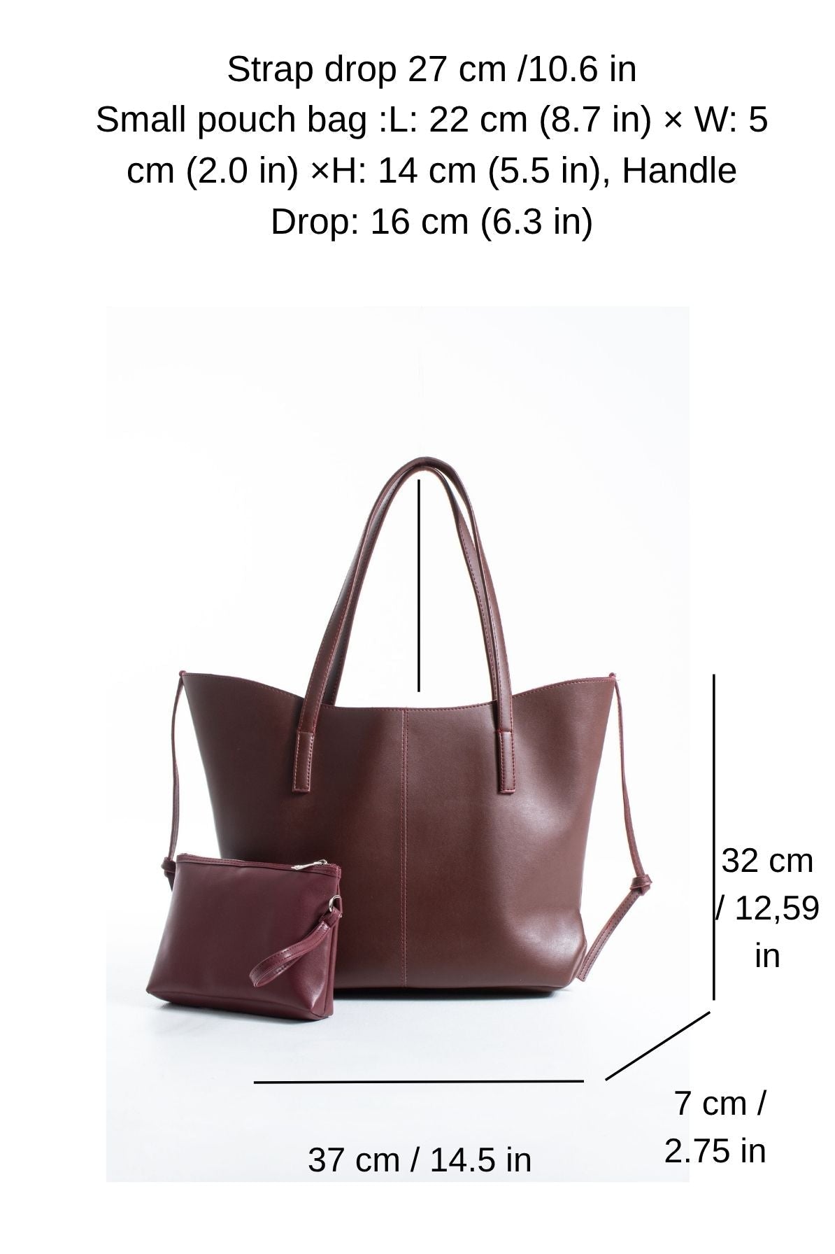 Pu Leather Large Tote Bag with Matching Zipper Pouch  2PCS Set - Burgundy