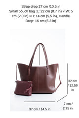 Pu Leather Large Tote Bag with Matching Zipper Pouch  2PCS Set - Burgundy