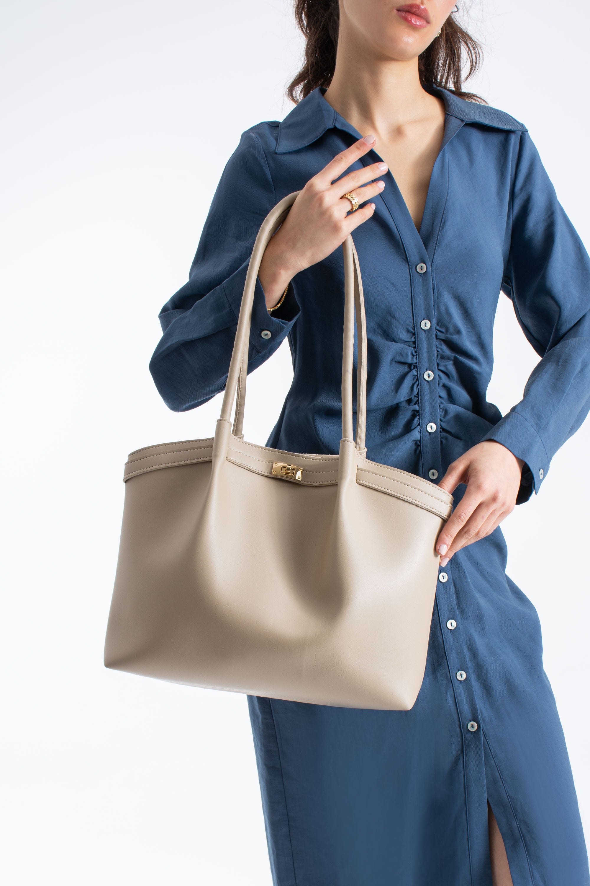 Large PU Leather Shopper Tote Bag with Matching Pouch - Beige