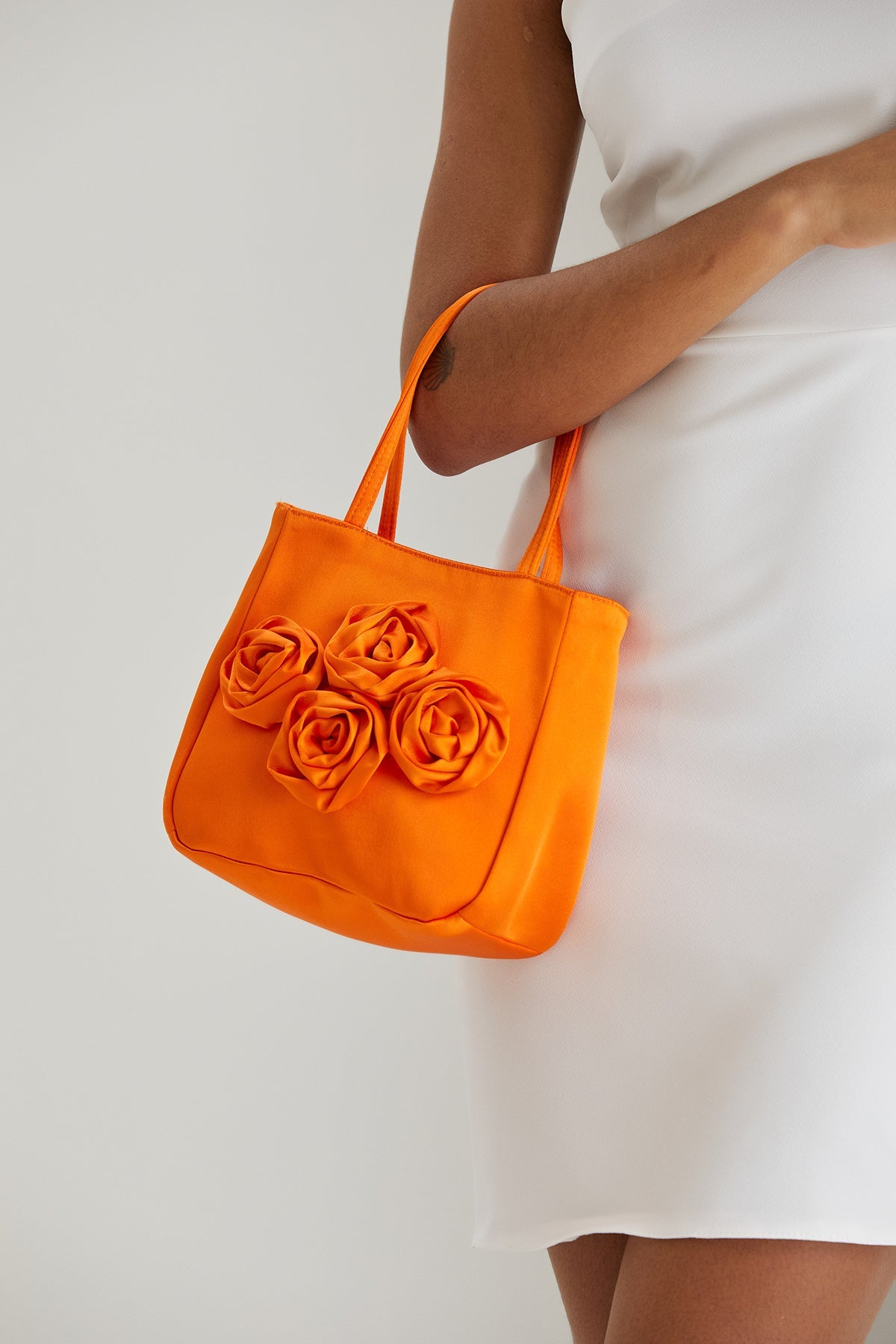 Floral Satin Handbag with Detachable Crossbody Strap - Orange