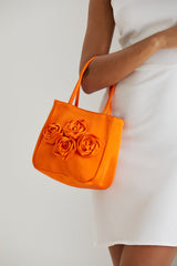 Floral Satin Handbag with Detachable Crossbody Strap - Orange