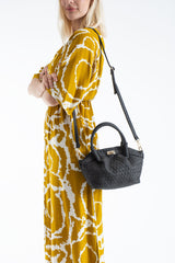 Woven Suede Top Handle Crossbody Bag with Twist Lock Detail - Black