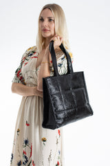 Quilted Crinkle Patent Pu Leather Tote Bag - Black