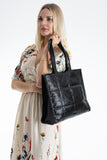 Quilted Crinkle Patent Pu Leather Tote Bag - Black