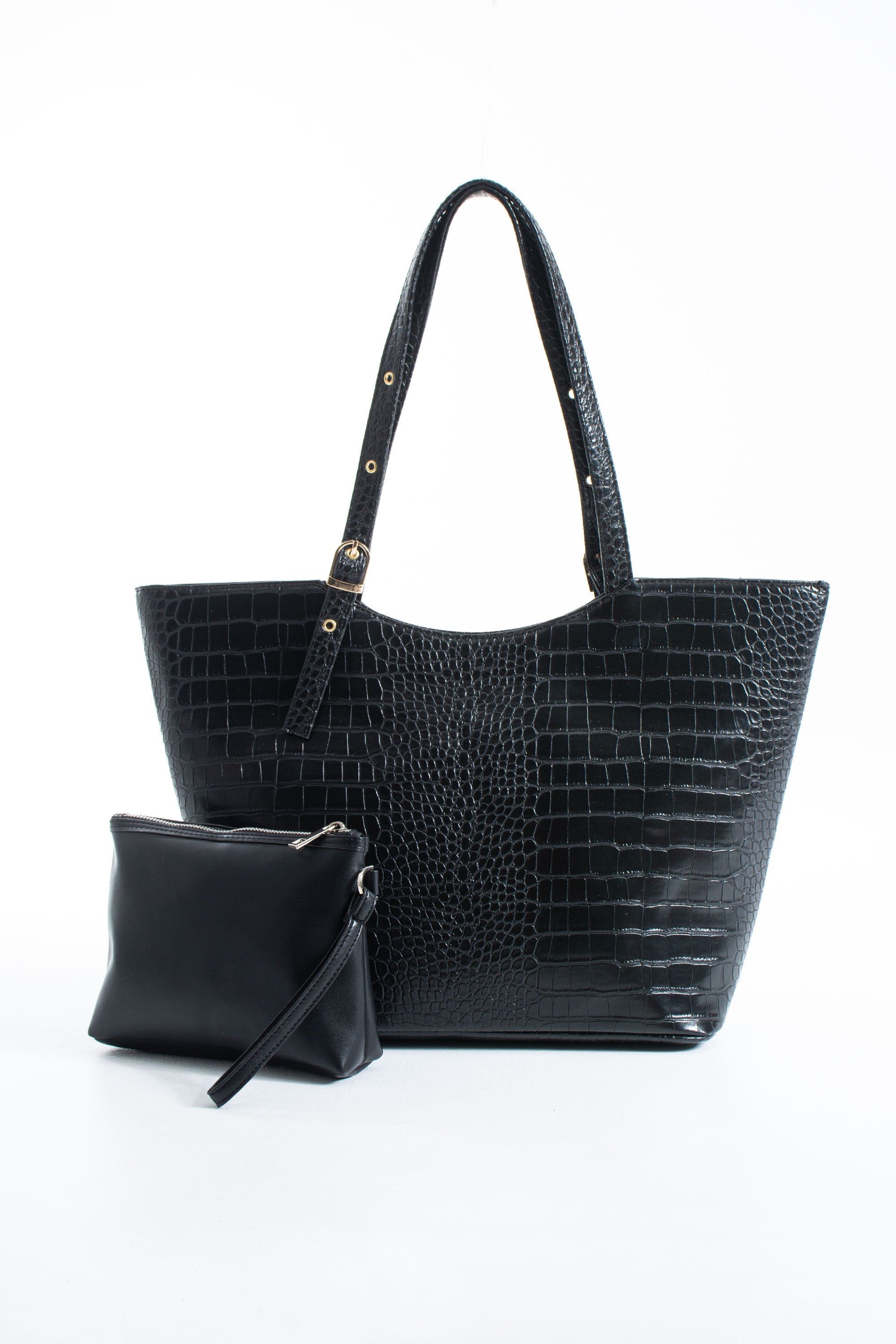 Textured  Pu Leather Tote Bag with Matching Zipper Pouch 2PCS Set - Black
