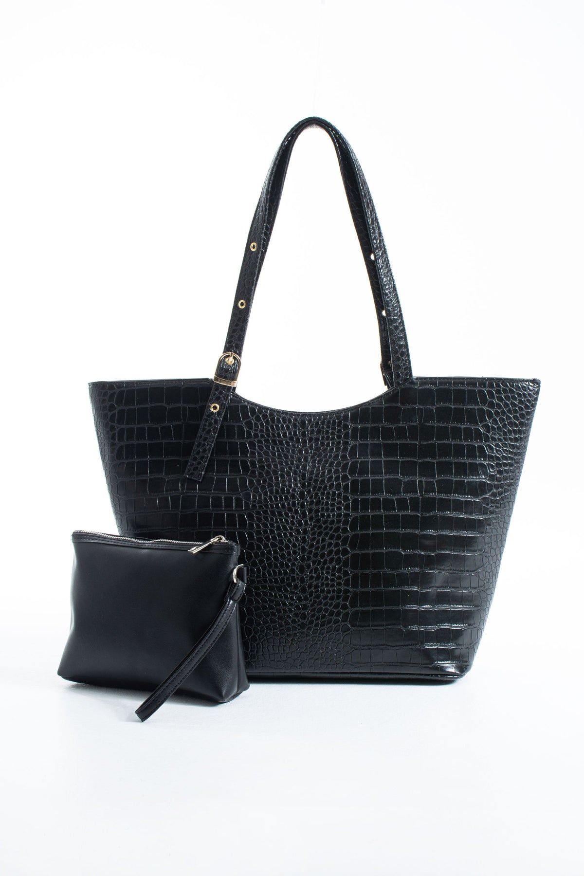 Textured  Pu Leather Tote Bag with Matching Zipper Pouch 2PCS Set - Black