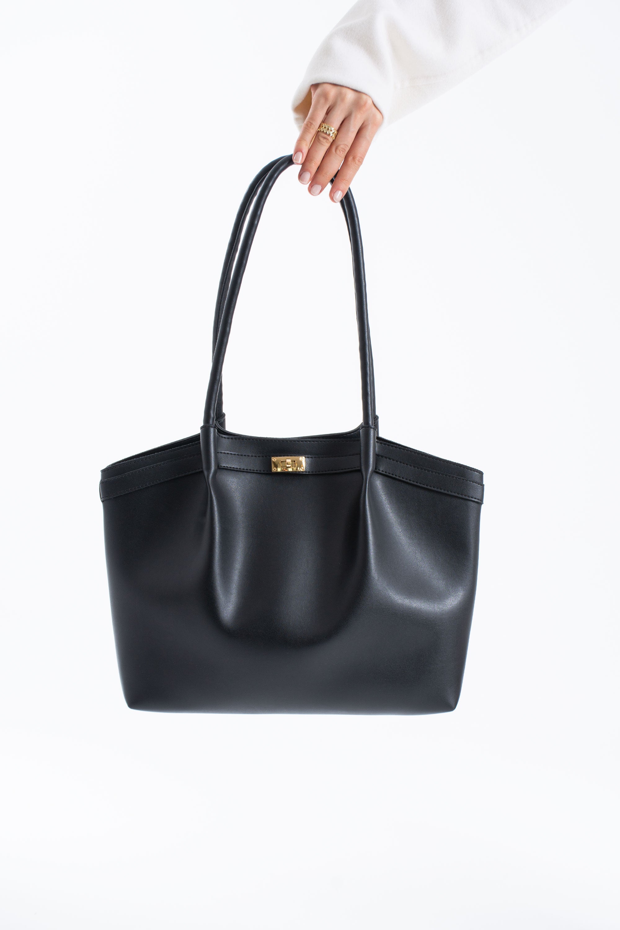 Large PU Leather Shopper Tote Bag with Matching Pouch - Black