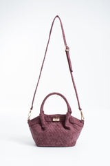 Woven Suede Top Handle Crossbody Bag with Twist Lock Detail - Burgundy