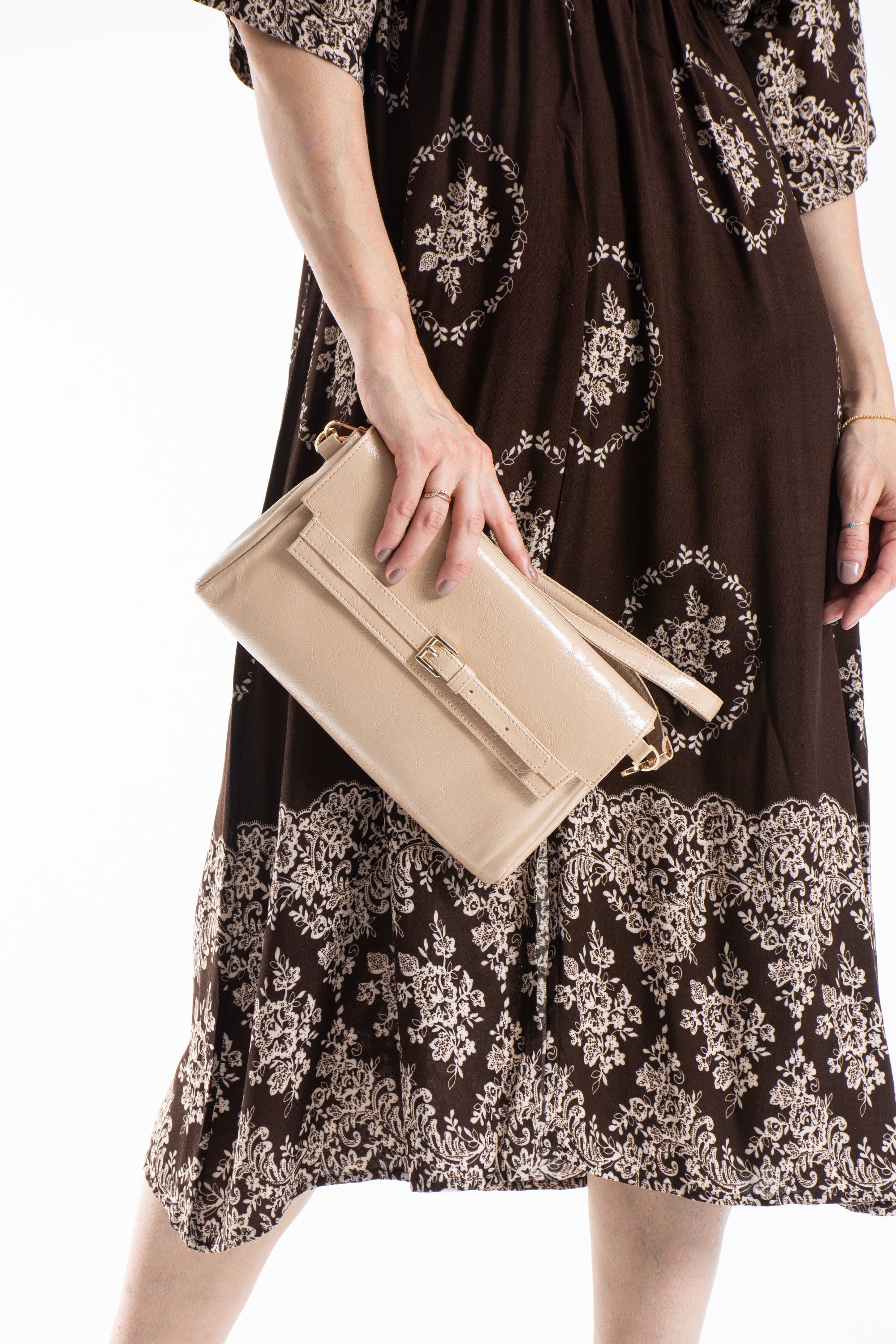 Crinkle Patent Flap Closure Wristlet & Clutc&Crossbody  3-in-1 Handbag - Beige