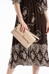 Crinkle Patent Flap Closure Wristlet & Clutc&Crossbody  3-in-1 Handbag - Beige