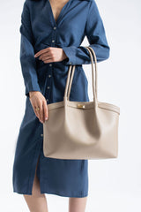 Large PU Leather Shopper Tote Bag with Matching Pouch - Beige