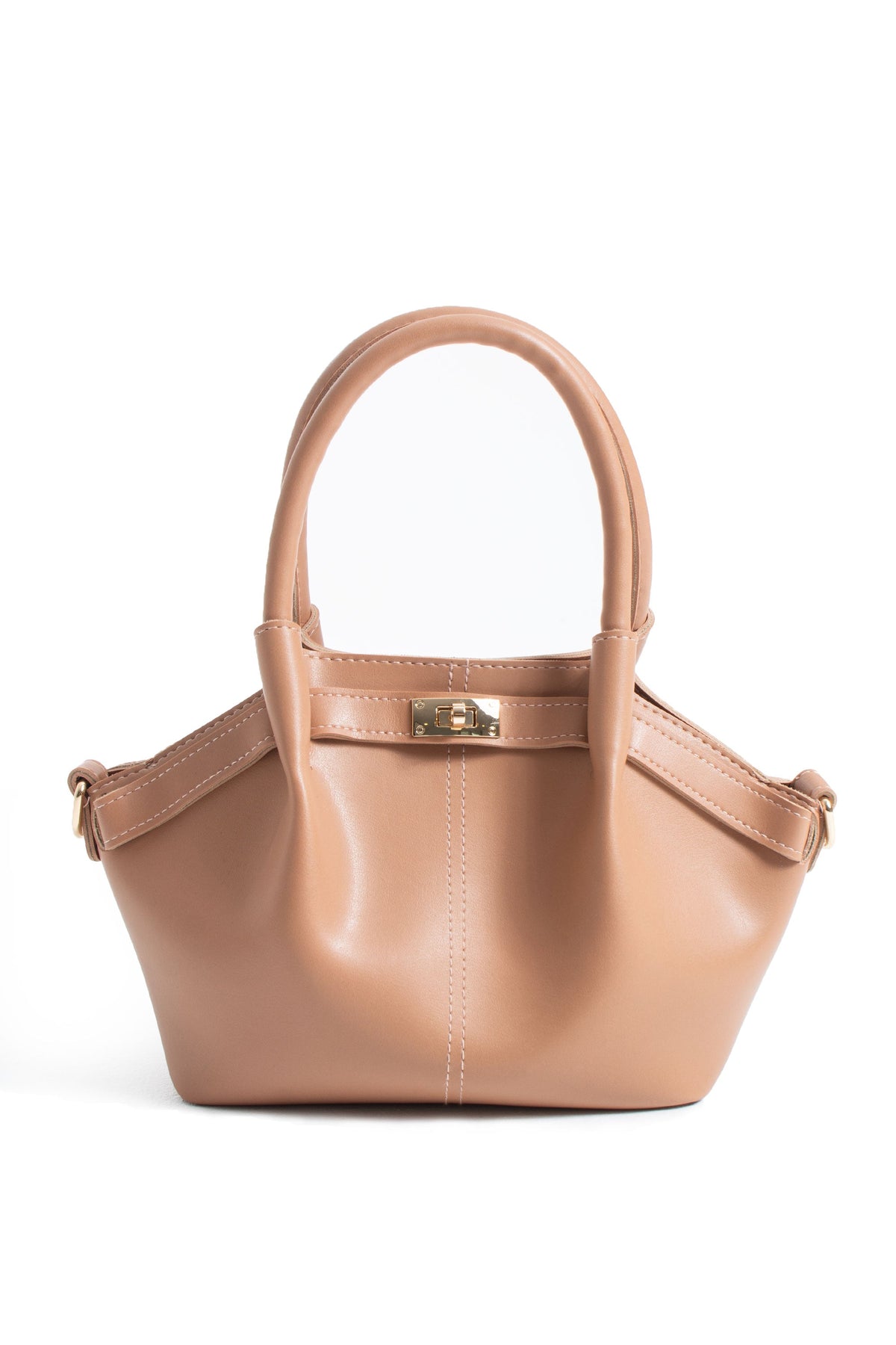 Pu Leather Top Handle Crossbody Bag with Twist Lock Detail - Nude