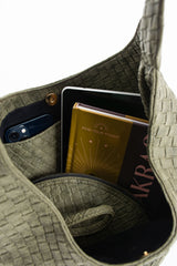 Woven Suede Slouchy Tote Bag with Matching Zipper Pouch 2PCS Set - Khaki