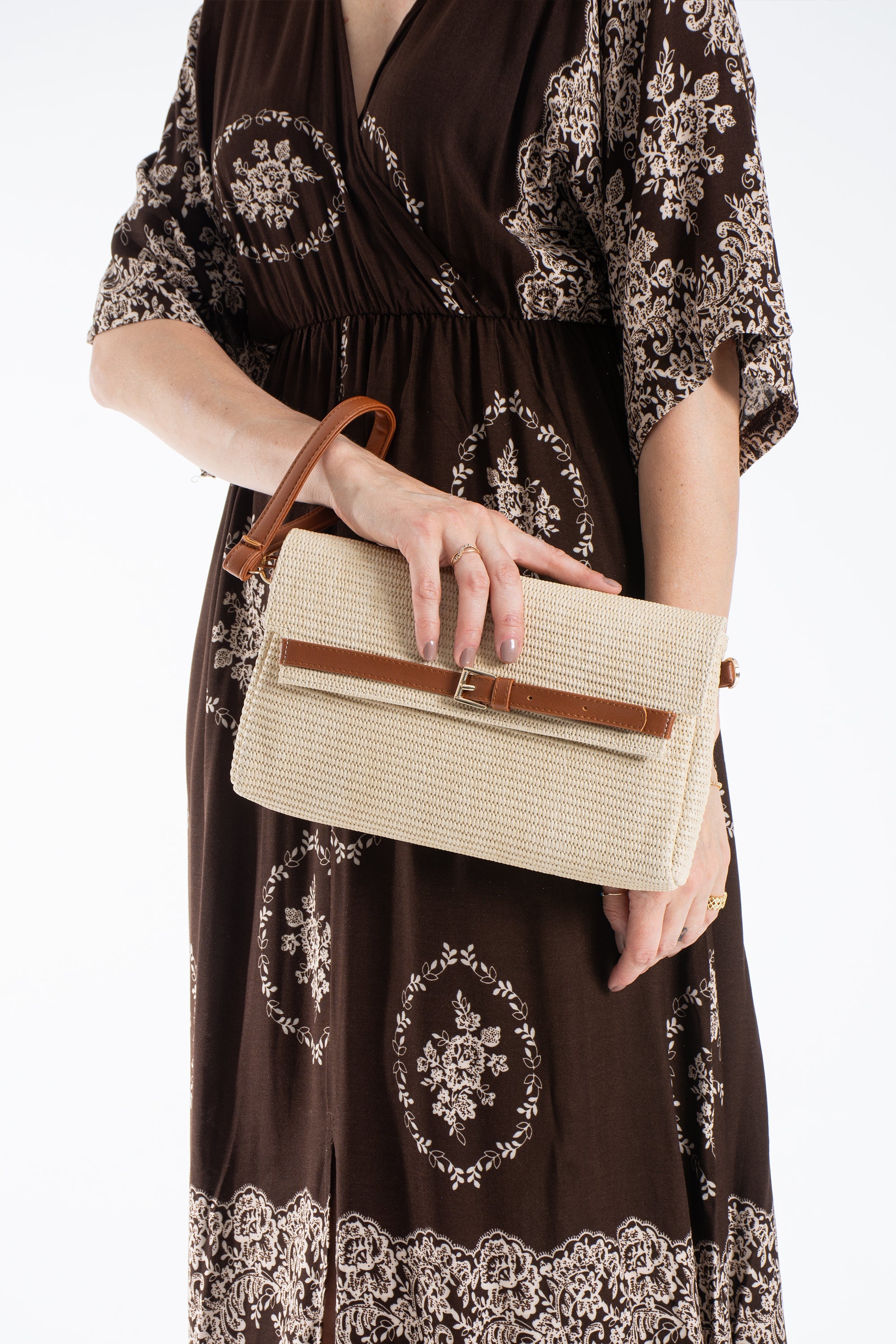 Woven Pu Leather Flap Closure Wristlet & Clutch&Crossbody  3-in-1 - Cream
