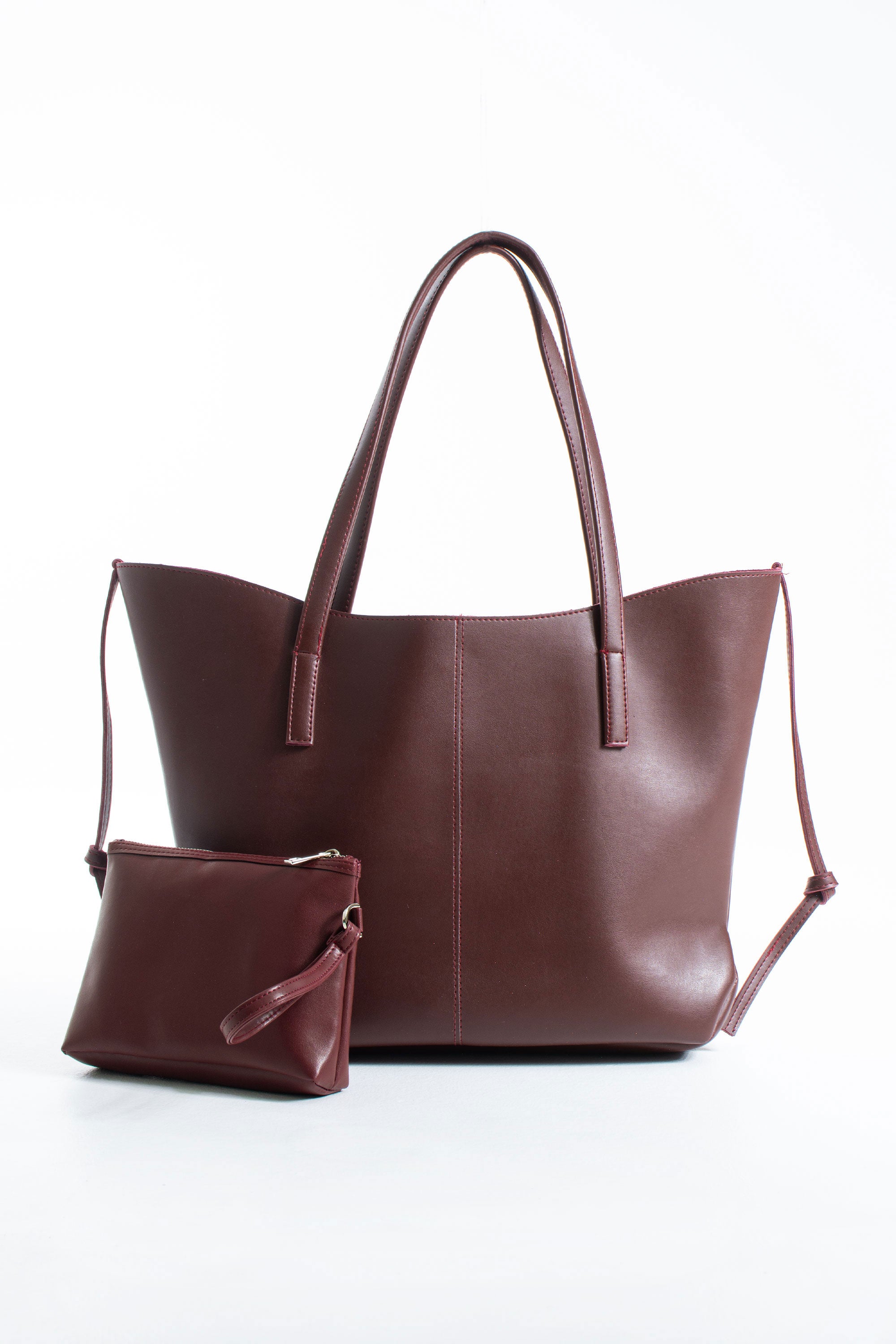 Pu Leather Large Tote Bag with Matching Zipper Pouch  2PCS Set - Burgundy
