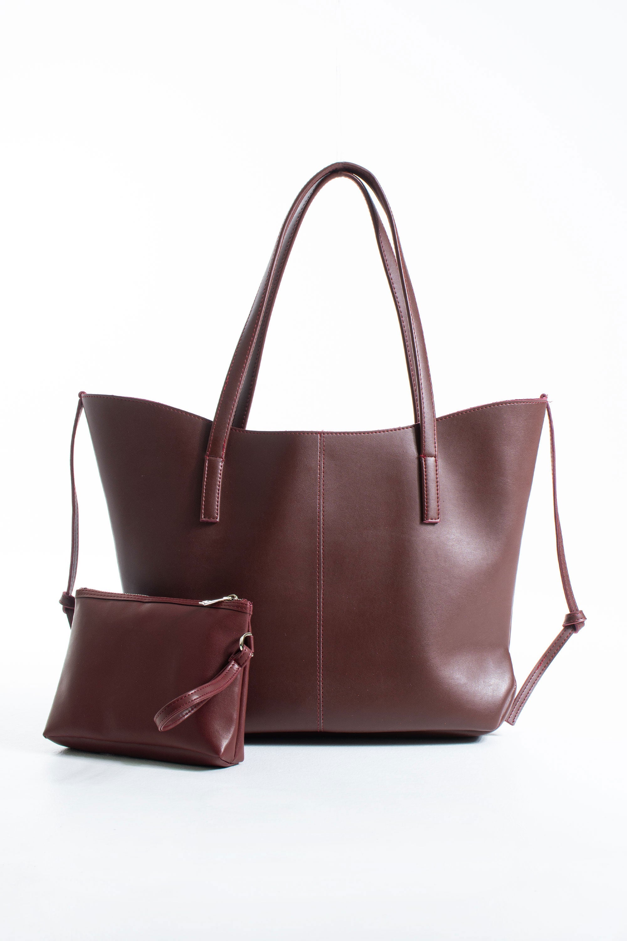 Pu Leather Large Tote Bag with Matching Zipper Pouch  2PCS Set - Burgundy