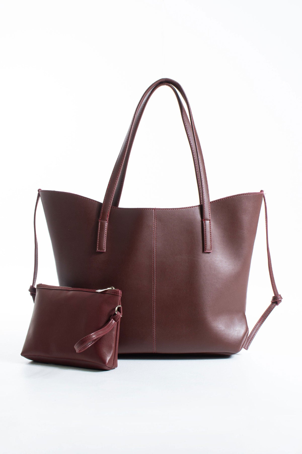Pu Leather Large Tote Bag with Matching Zipper Pouch  2PCS Set - Burgundy