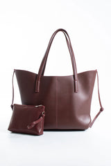 Pu Leather Large Tote Bag with Matching Zipper Pouch  2PCS Set - Burgundy