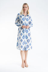 Women’s Linen Blend Ornamental Print Midi Shirt Dress