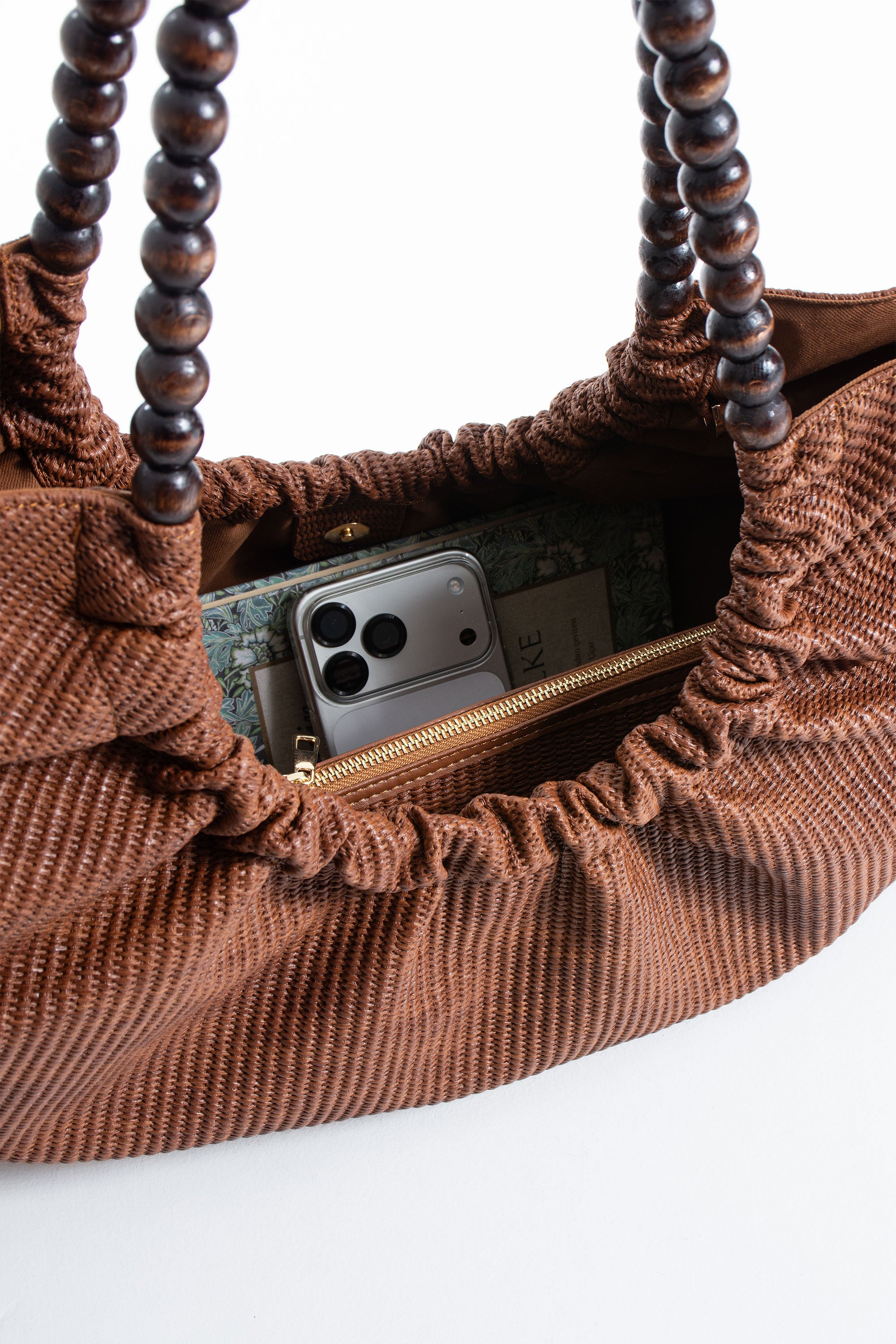 Woven PU Leather Slouchy Tote with Beaded Strap 2PCS Set - Brown