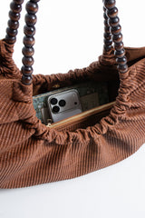 Woven PU Leather Slouchy Tote with Beaded Strap 2PCS Set - Brown