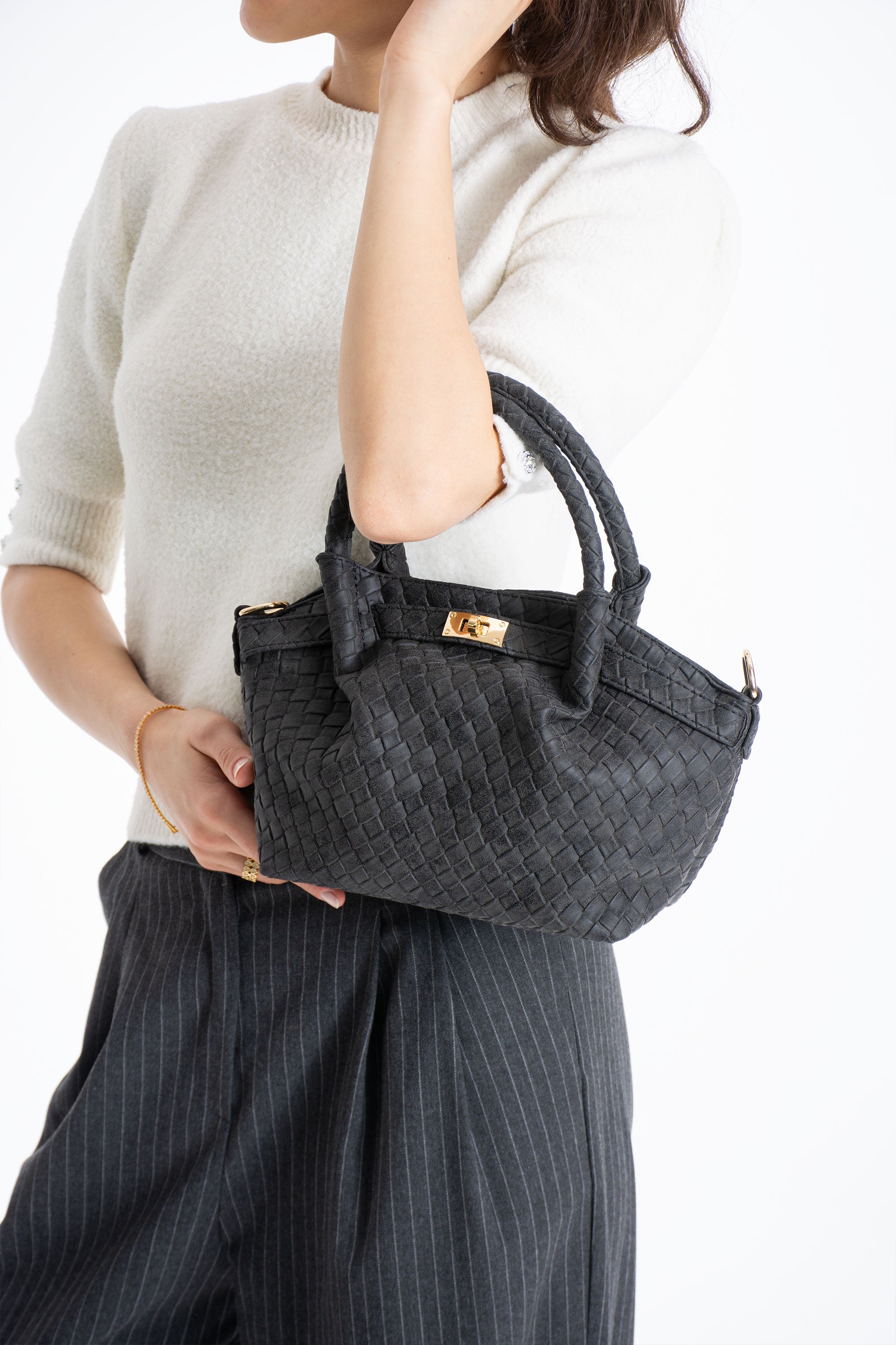 Woven Suede Top Handle Crossbody Bag with Twist Lock Detail - Black