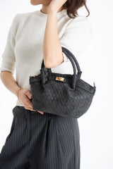 Woven Suede Top Handle Crossbody Bag with Twist Lock Detail - Black