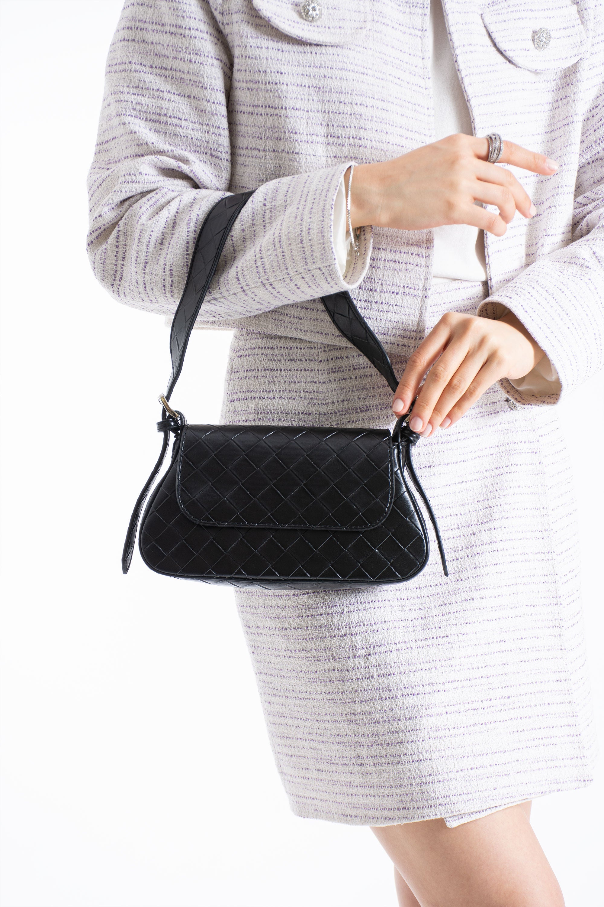 Braided Pu Leather Adjustable Strap Shoulder Bag - Black