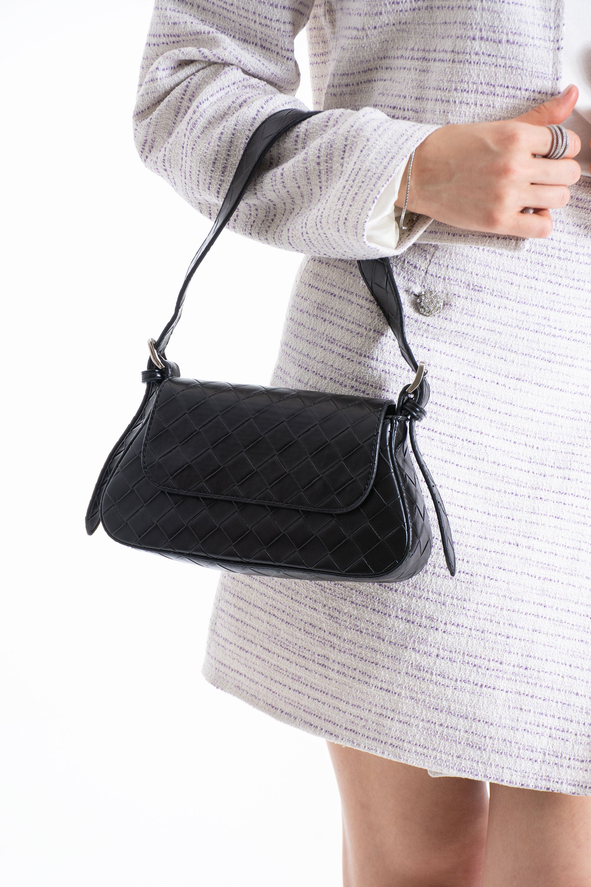 Braided Pu Leather Adjustable Strap Shoulder Bag - Black