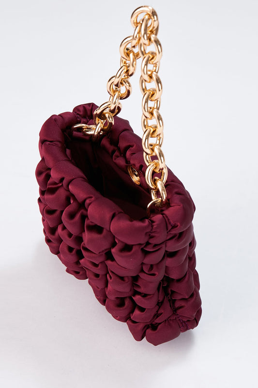 Quilted Satin Chunky Chain Handbag - Burgundy