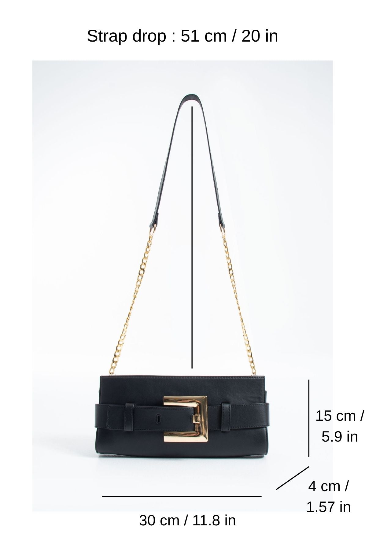 PU Leather Shoulder & Clutch Bag with Large Gold Buckle - Black