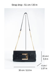 PU Leather Shoulder & Clutch Bag with Large Gold Buckle - Black