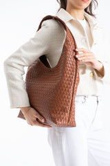 Woven Leather Slouchy Tote Bag with Matching Zipper Pouch 2PCS Set - Tan