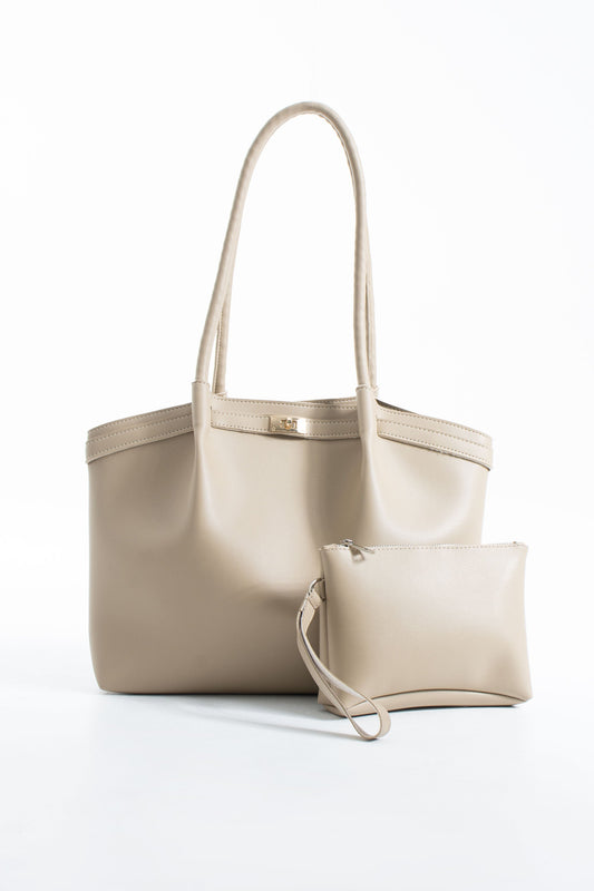 Large PU Leather Shopper Tote Bag with Matching Pouch - Beige