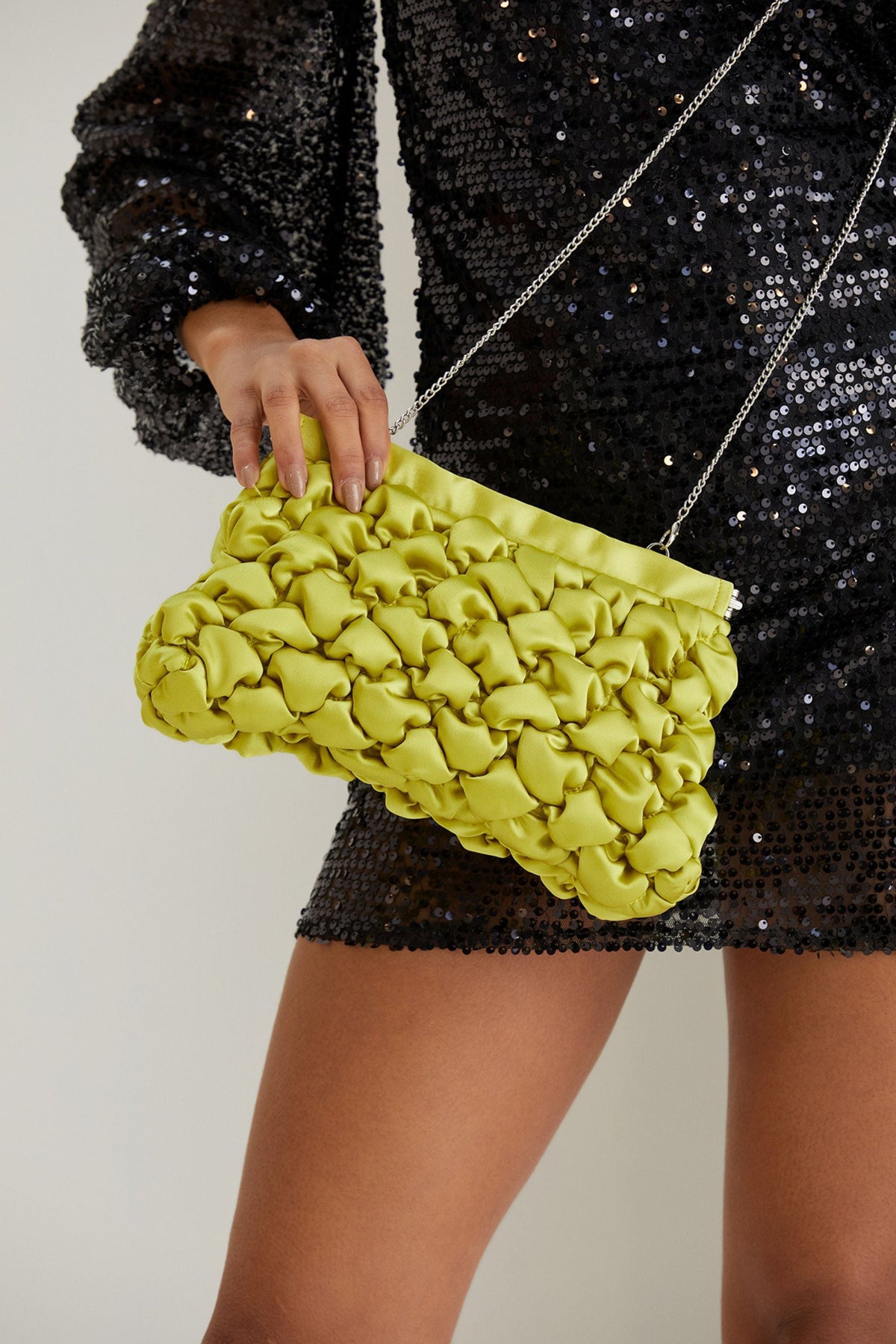 Puffy Quilted Satin Clucth Bag with Detachable Crossbody Strap - Lime