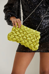Puffy Quilted Satin Clucth Bag with Detachable Crossbody Strap - Lime