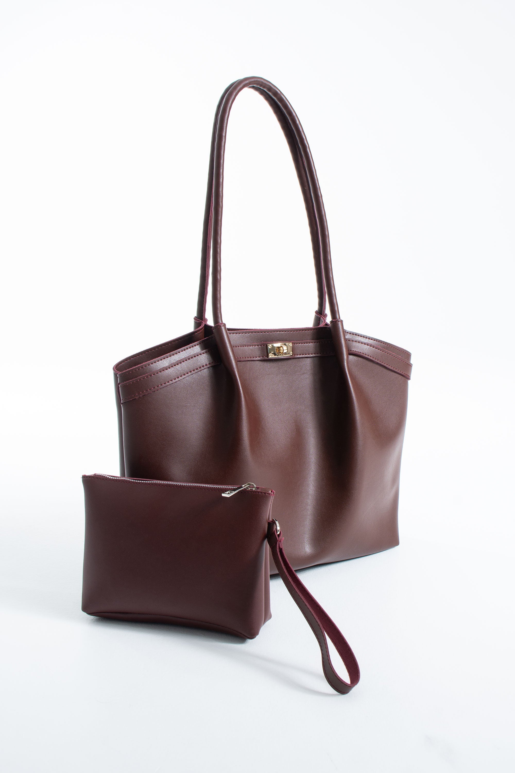 Large PU Leather Shopper Tote Bag with Matching Pouch - Burgundy