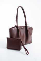 Large PU Leather Shopper Tote Bag with Matching Pouch - Burgundy