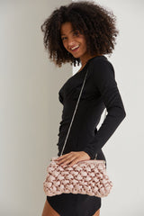 Puffy Quilted Satin Clucth Bag with Detachable Crossbody Strap - Beige