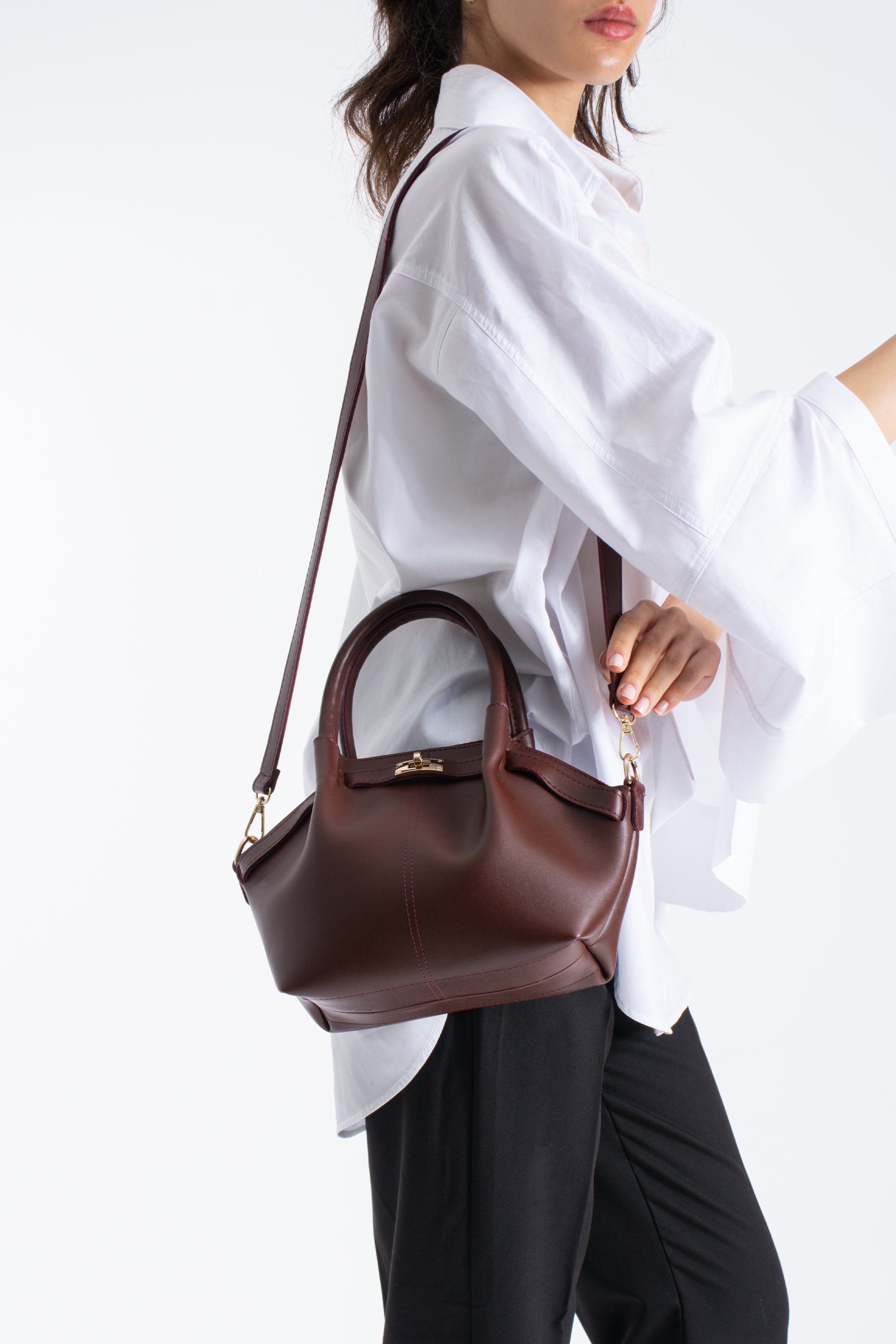 Pu Leather Top Handle Crossbody Bag with Twist Lock Detail - Burgundy