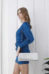 Croc Pu Leather Clutch Bag with Detachable Chain Strap - Silver
